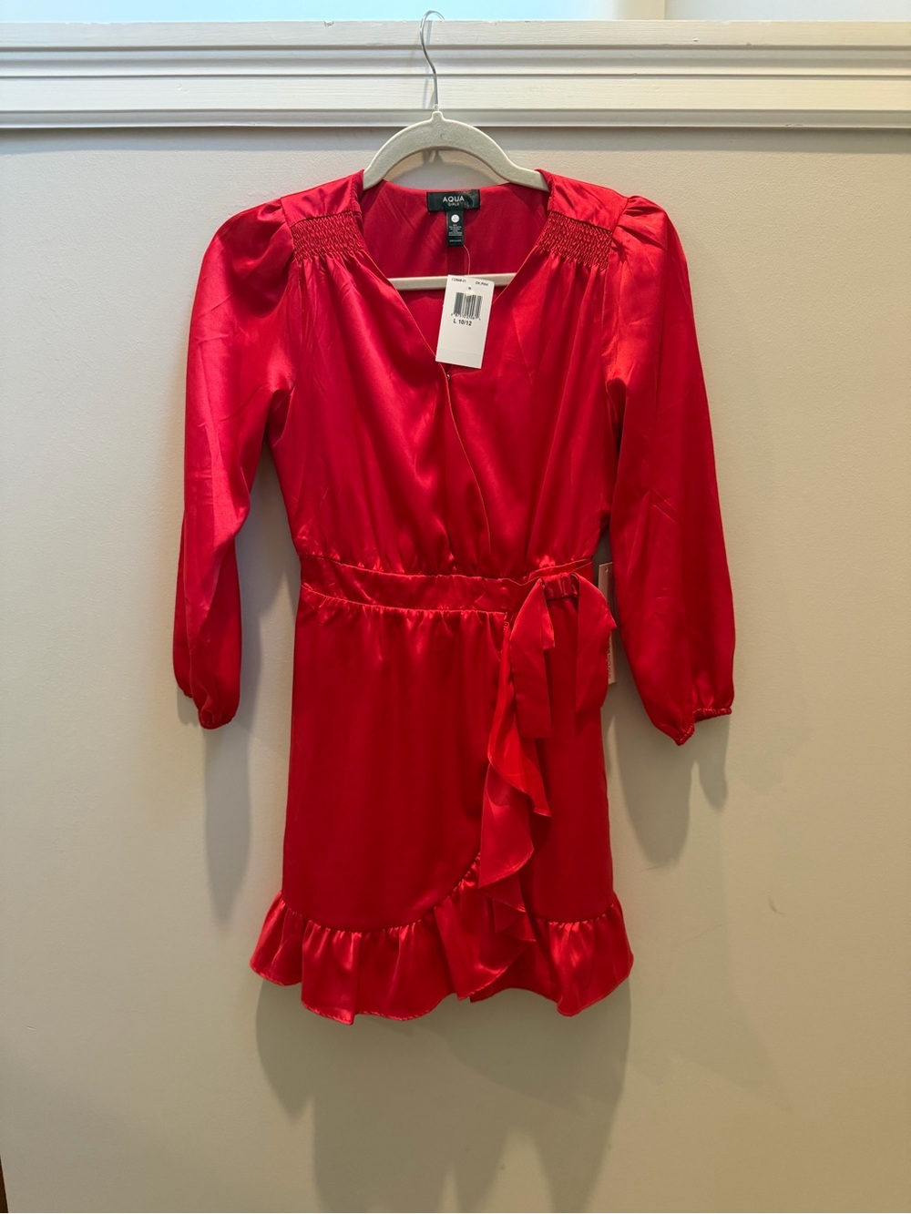 NWT Aqua Girls Red Satin Wrap Dress with Ruffle Hem and Snap Closure Sz 10/12